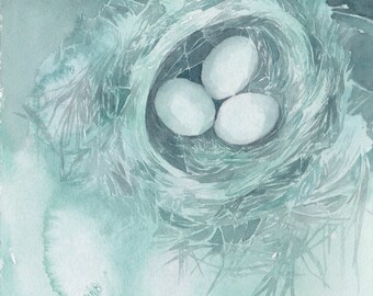 Watercolor bird nest, Fine art print of blue nest with eggs, Bird nest, Nature painting wall art, Blue watercolor painting