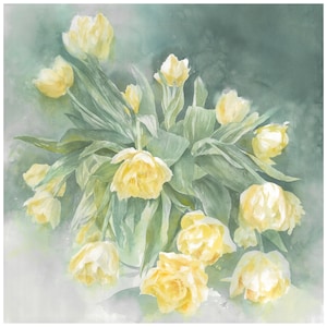 Dipinto ad acquerello di un vaso di tulipani gialli, Stampa fine art floreale di vaso di fiori,Arte floreale, Cottage wall art decor.
