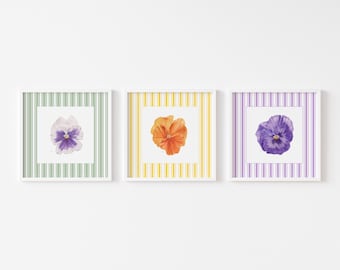 Set di 3 stampe da parete di opere d'arte botaniche moderne, decorazioni stile fattoria moderno con violette del pensiero e righe.