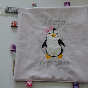 Comfort blanket, pacifier blanket, penguin with name and date