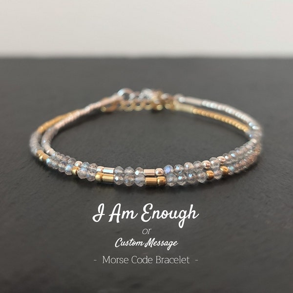 Code Morse labradorite vermeil/bracelet en argent Je suis assez autonomisant cadeau bijoux mantra pour amie filleule guerrier anxiété soutien