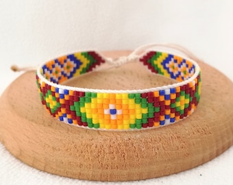 Miyuki seed beads loom woven bracelet, with sliding square knot closure