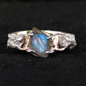 May include: A silver ring featuring a central, iridescent blue-gray labradorite stone, flanked by two rough-cut, textured stones. The ring is set against a black background, with green foliage in the background.
