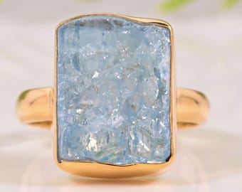 Raw Aquamarine 14k Gold Handmade Ring, Sterling Silver Gemstone Ring, Raw Dainty Ring, March Birthstone Jewelry, Christmas Gift For Her