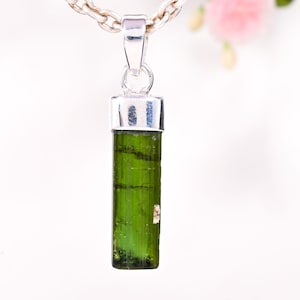Raw Green Tourmaline Pendant – Tourmaline Crystal Stick Necklace in Sterling Silver – October Birthstone Jewelry – Healing Stone Necklace