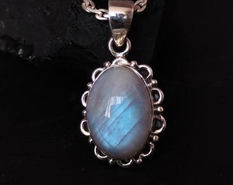 Natural Rainbow Moonstone Necklace | Sterling Silver Moonstone Jewelry | June Birthstone Minimalist Pendant Gift