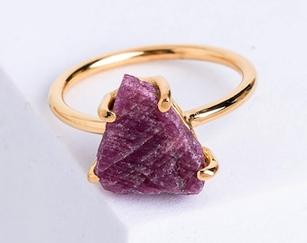 Natural Raw Ruby 14K Gold Plated Ring, July Birthstone Ruby Ring, Minimalist Gemstone Ring, Handmade Gold Jewelry, Gift for Her