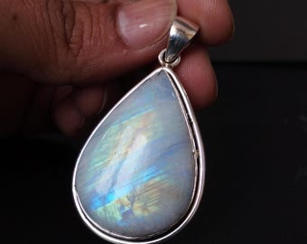 Large Teardrop Rainbow Moonstone Pendant, Sterling Silver Necklace, June Birthstone Jewelry, Healing Gemstone Pendant, Valentine's Day Gift