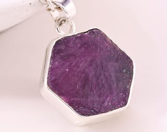 Raw Ruby Hexagon Pendant in Sterling Silver | Natural Ruby Crystal Necklace | July Birthstone Gemstone Jewelry | Minimalist Pendant Gift