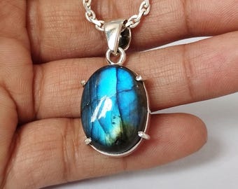 Labradorite Pendant in Sterling Silver, Handmade Iridescent Blue Gemstone Jewelry, Oval Crystal Necklace, Boho Healing Stone, Gift for Her