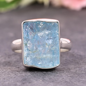 Raw Aquamarine Statement Ring, Handmade Gemstone Silver Ring, March Birthstone Jewelry, Natural Aquamarine Crystal Ring, Boho Silver Ring