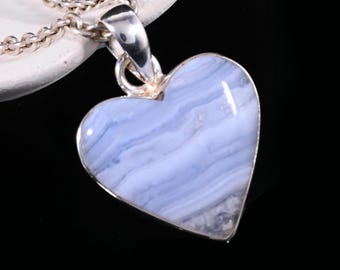 Blue Lace Agate Sterling Silver Pendant, Natural Blue Lace Agate Heart Necklace, Handmade Gemstone Jewelry Gift for Her