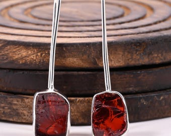 Raw Garnet Dangle Earrings, 925 Sterling Silver Garnet Earrings, Natural Rough Garnet Drop Earring, January Birthstone Jewelry, Gift For Her