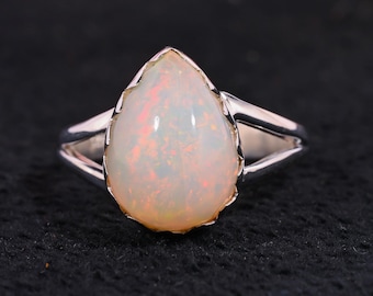 Pear Opal Silver Ring, Natural Opal Gemstone Ring, 925 Sterling Silver Pear Cut Opal Ring, October Birthstone Jewelry Gift For Women
