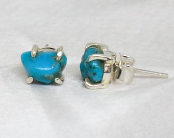 Natural Raw Turquoise Stud Earrings | Sterling Silver Turquoise Crystal Earring | Minimalist Blue Gemstone Jewelry | Birthstone Gift For Her
