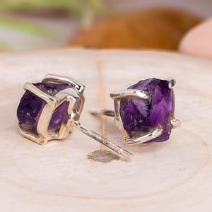 Raw Amethyst Stud Earrings, February Birthstone Jewelry, Handmade Gemstone Earring, Minimalist Crystal Earring, Birthday Gift for Her