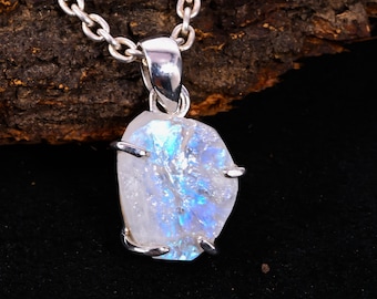 Ciondolo in pietra di luna arcobaleno grezza, argento sterling 925, ciondolo con pietra preziosa fatto a mano, gioielli con cristalli curativi, collana con pietra di luna, regalo per lei