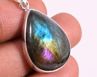 Labradorite Teardrop Pendant, 925 Sterling Silver Necklace, Handmade Gemstone Jewelry, Multi fire Gemstone Pendant, Healing Crystal Pendant