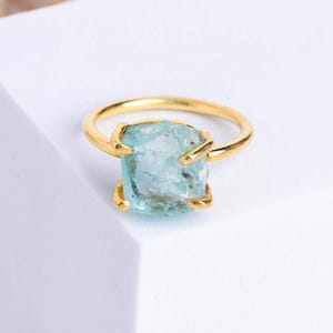 Raw Aquamarine Ring, 14k Gold Plated Ring, March Birthstone Jewelry, Natural Crystal Statement Ring, Handmade Boho Ring, Gift for Her