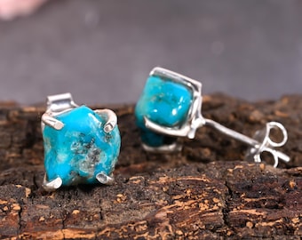 Raw Turquoise Stud Earrings in Sterling Silver | Natural Turquoise Crystal Studs | December Birthstone Earring | Minimalist Gemstone Jewelry