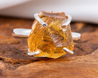 Natural Raw Citrine Ring in 925 Sterling Silver, Citrine Crystal Ring, Handmade Gemstone Ring, November Birthstone Gift For Her