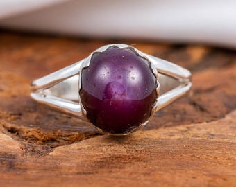 Ruwe ster robijnzilveren ring, natuurlijke ster robijnrode edelsteenring, 925 sterlingzilveren handgemaakte ring, statement sieraden juli geboortesteen