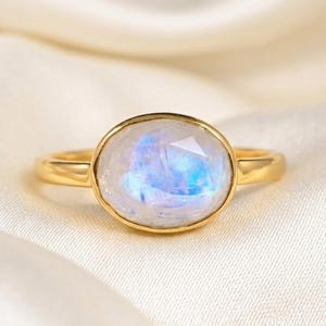 Rainbow Moonstone 14k Gold Ring, Sterling Silver Natural Gemstone Ring, June Birthstone Ring, Handmade Blue Fire Ring, Unique Gift for Her