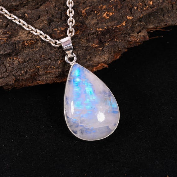 Moonstone Teardrop Pendant, Blue Fire Rainbow Moonstone Necklace, Sterling Silver Pendant, June Birthstone Jewelry, Healing Crystal Necklace