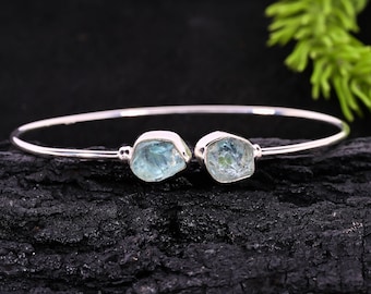 Pulsera de aguamarina en bruto, brazalete de plata de ley, joyería de aguamarina natural en bruto, pulsera con piedra de nacimiento de marzo, regalo hecho a mano para ella