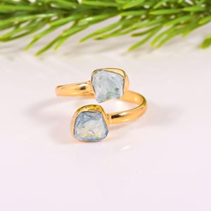 Raw Aquamarine Ring, Toe et Moi Adjustable Band Ring, Natural Aquamarine Crystal Ring, Handmade Gemstone Silver Ring, March Birthstone Gift Gold