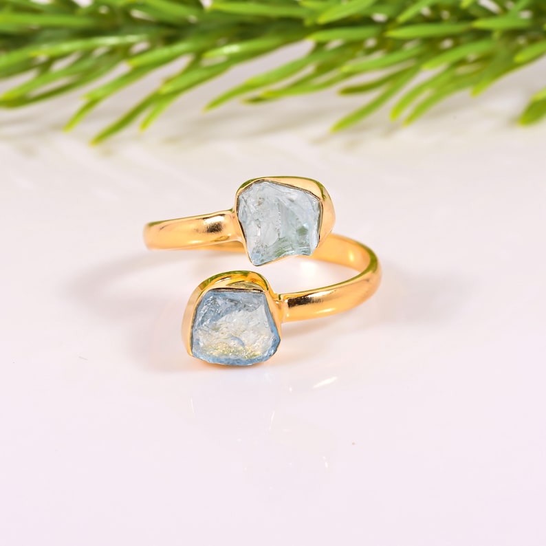 Raw Aquamarine Ring, Toe et Moi Adjustable Band Ring, Natural Aquamarine Crystal Ring, Handmade Gemstone Silver Ring, March Birthstone Gift Gold