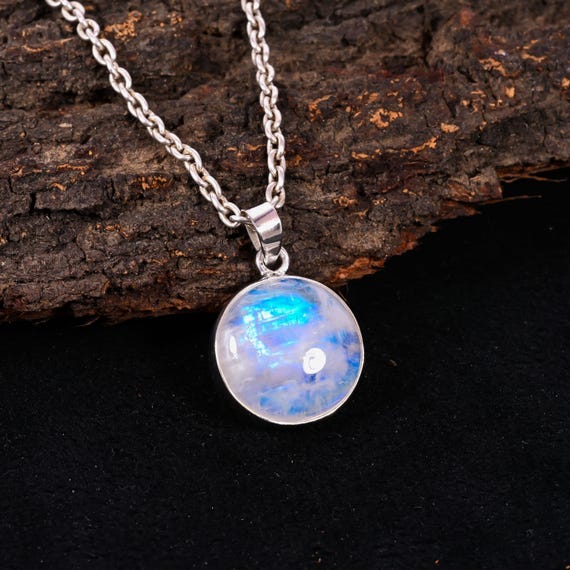 Rainbow Moonstone Round Cabochon Pendant, June Birthstone Jewelry, 925 Sterling Silver, Healing Crystal Necklace, Moonstone Charm Pendan