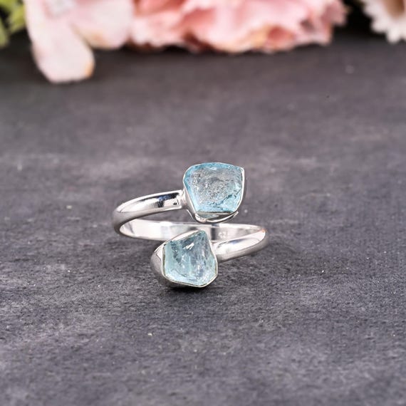 Raw Aquamarine Ring, Toe et Moi Adjustable Band Ring, Natural Aquamarine Crystal Ring, Handmade Gemstone Silver Ring, March Birthstone Gift