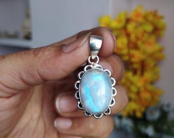 Handcrafted Rainbow Moonstone  Pendant | Sterling Silver Moonstone Necklace | June Birthstone Jewelry | Minimalist Crystal Pendant Gift