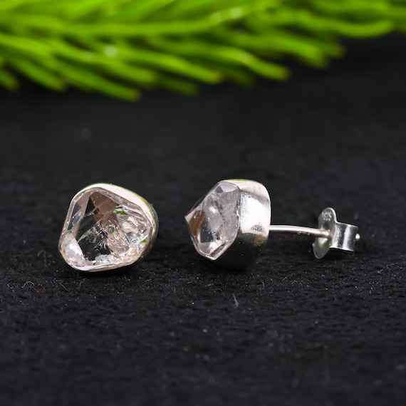 Raw Herkimer Diamond Stud Earrings | Sterling Silver Herkimer Diamond Earring | Minimalist Crystal Studs | April Birthstone Gift For Her