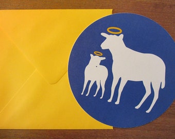 Christmas card round, sheep mother with child, 147 mm, yellow envelope