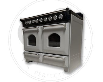 1:12 Scale Dollhouse Miniature Double Oven Stove – Side-by-Side Cooker, Polished Steel Accents