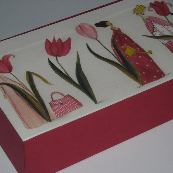 Tulpenfrauen im Frühling II, hübsche Geschenkbox, Pappkistchen, Geschenkdose, Motiv von Silke Leffler, Entwurf der Schachtelmacherin