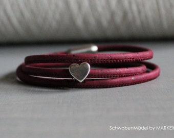 Armband zum wickeln aus Kork | bordeaux marmoriert | vegan | Herz | silber | SchwabenMädel