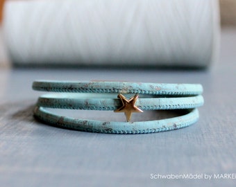 Wrap bracelet made of cork | light green marbled | vegan | star | gold | SchwabenMädel