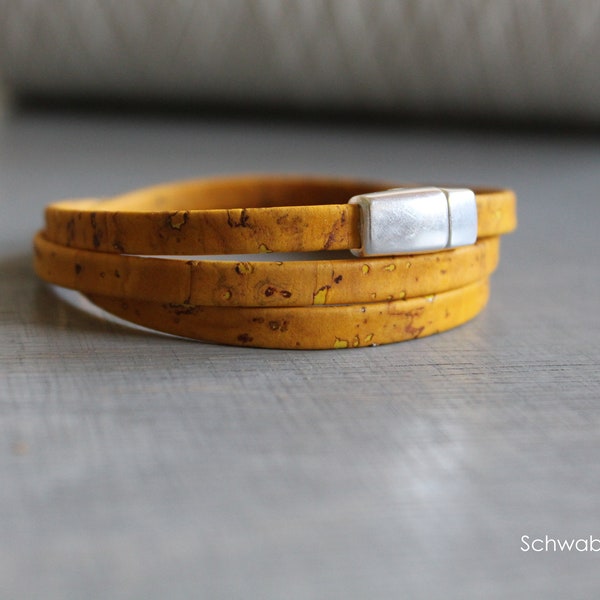 Armband zum 3 mal wickeln | Kork | vegan | senf silber