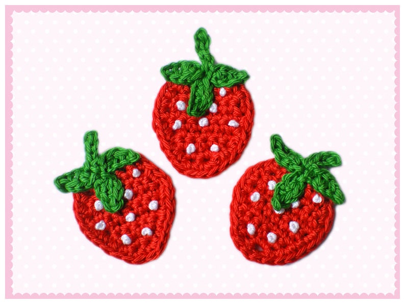 Erdbeeren Erdbeere Häkelapplikation Applikation Aufnäher gehäkelt Obst Früchte Erdbeerapplikation Bild 2