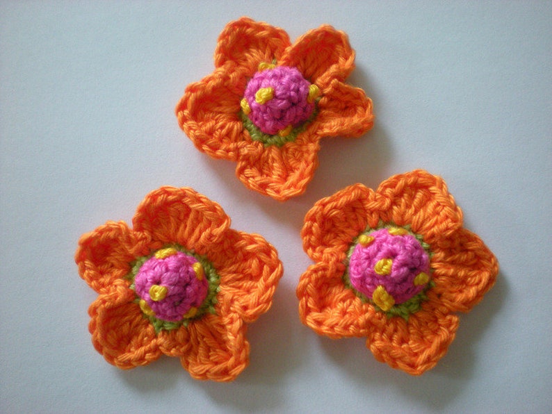 Häkelblümchen orange-pink Blumen Häkelappliktion Applikation Aufnäher Bild 4