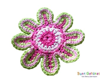 Blomma, virkad blomma, virkad applikation, lapp, applikation, virkad bild