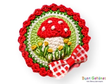 crocheted fly agaric button, crochet button, crochet applique, patch, applique, lucky guy