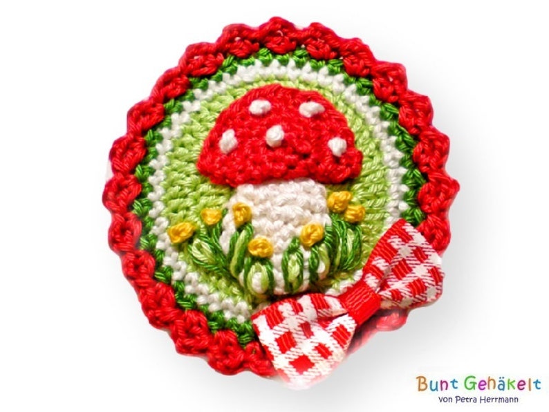 crocheted fly agaric button, crochet button, crochet applique, patch, applique, lucky guy image 1