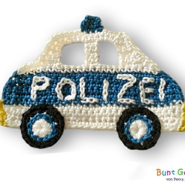 Polizeiauto, Häkelapplikation, Polizeiapplikation, Jungenapplikation, Aufnäher, Häkelbld