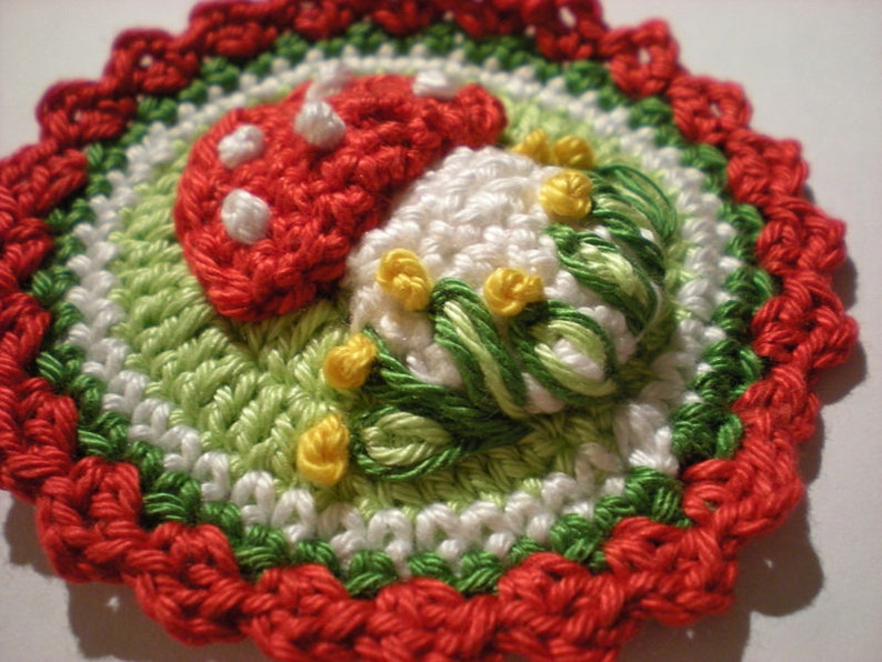 crocheted fly agaric button, crochet button, crochet applique, patch, applique, lucky guy image 2