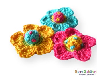 Three Crocheted flower application, patches, applique, chrochet flowers