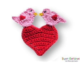 Heart with little bird crochet applique Heart appliqué crocheted bird